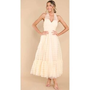 Mable Ivory over Peach Rose Tulle Maxi Dress, Halter Neck, Inset Waist with shou